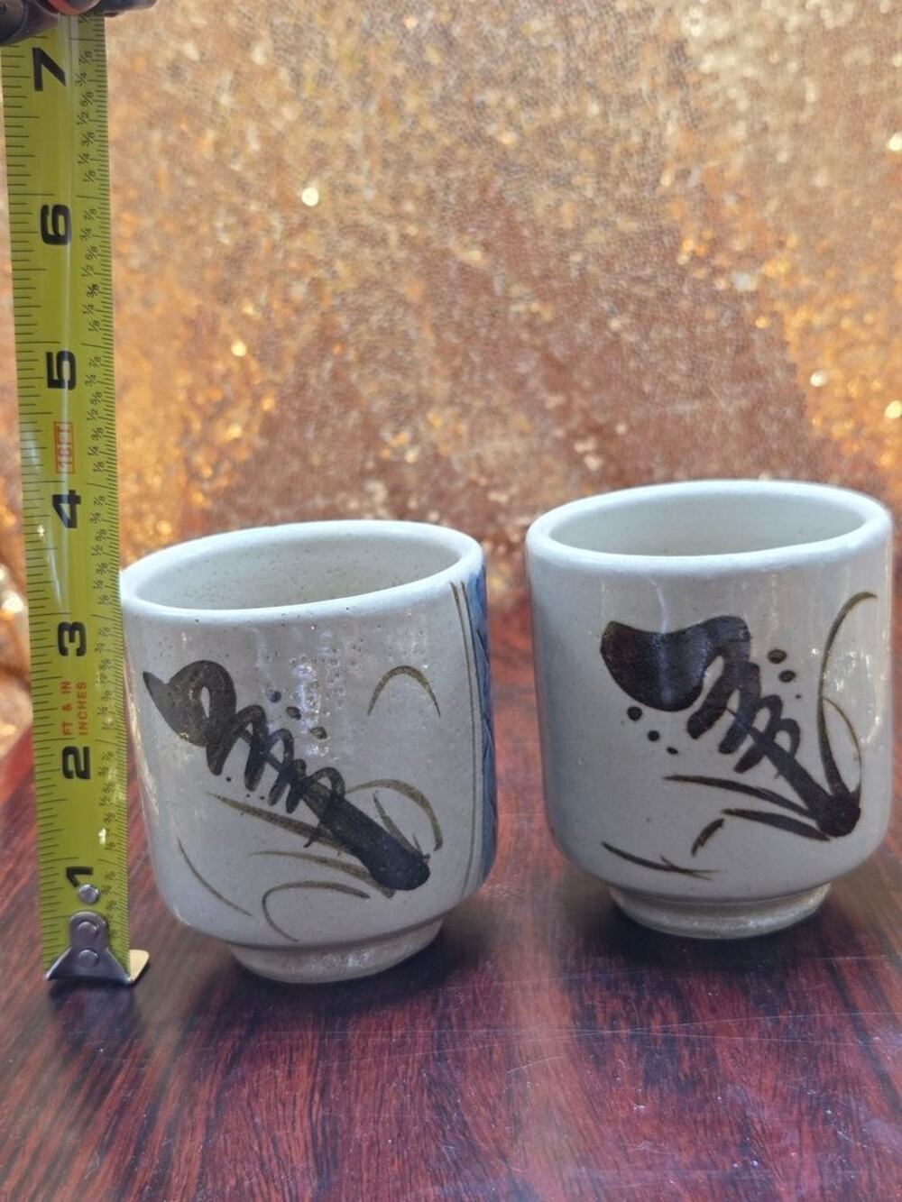 Vintage Japanese Banko Ware Tea Cups Set of 2 Signed Yunomi Studio Pottery